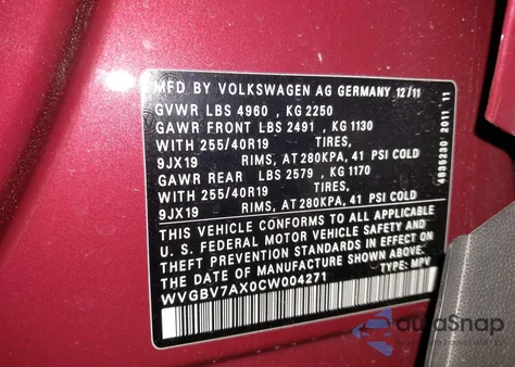 2012 Volkswagen Tiguan Sel из США, поврежденный, VIN WVGBV7AX0CW004271